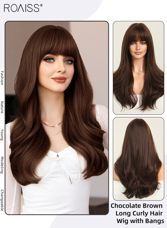 roaiss Long Curly Hair Wig with Bangs for Women, Natural Soft Synthetic Heat Resistant Hair Natural Looking Wig for Wedding Cosplay Party Daily Wear, Chocolate Brown, 60cm (24 inches) - Image 1